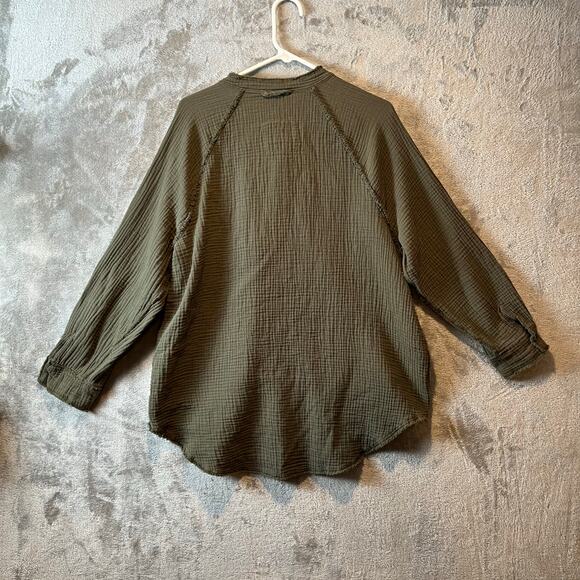Aerie Gauzy Coverup Shirt Olive Green Size Small Oversized Fit Distressed - Picture 3 of 6
